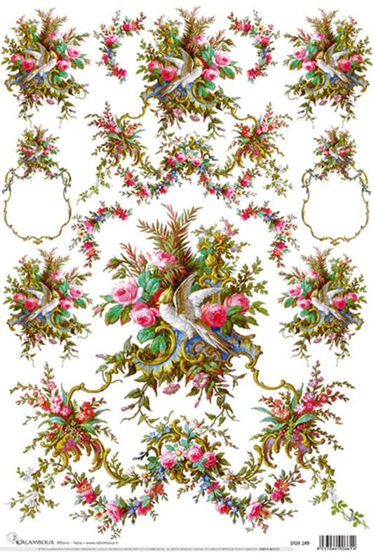 Calambour Italian Design Baroque Collection, Rose Garland, Flourishes DGR 249, Mulberry Rice Paper Decoupage 32 x 45 cm 12.5 x 17 in
