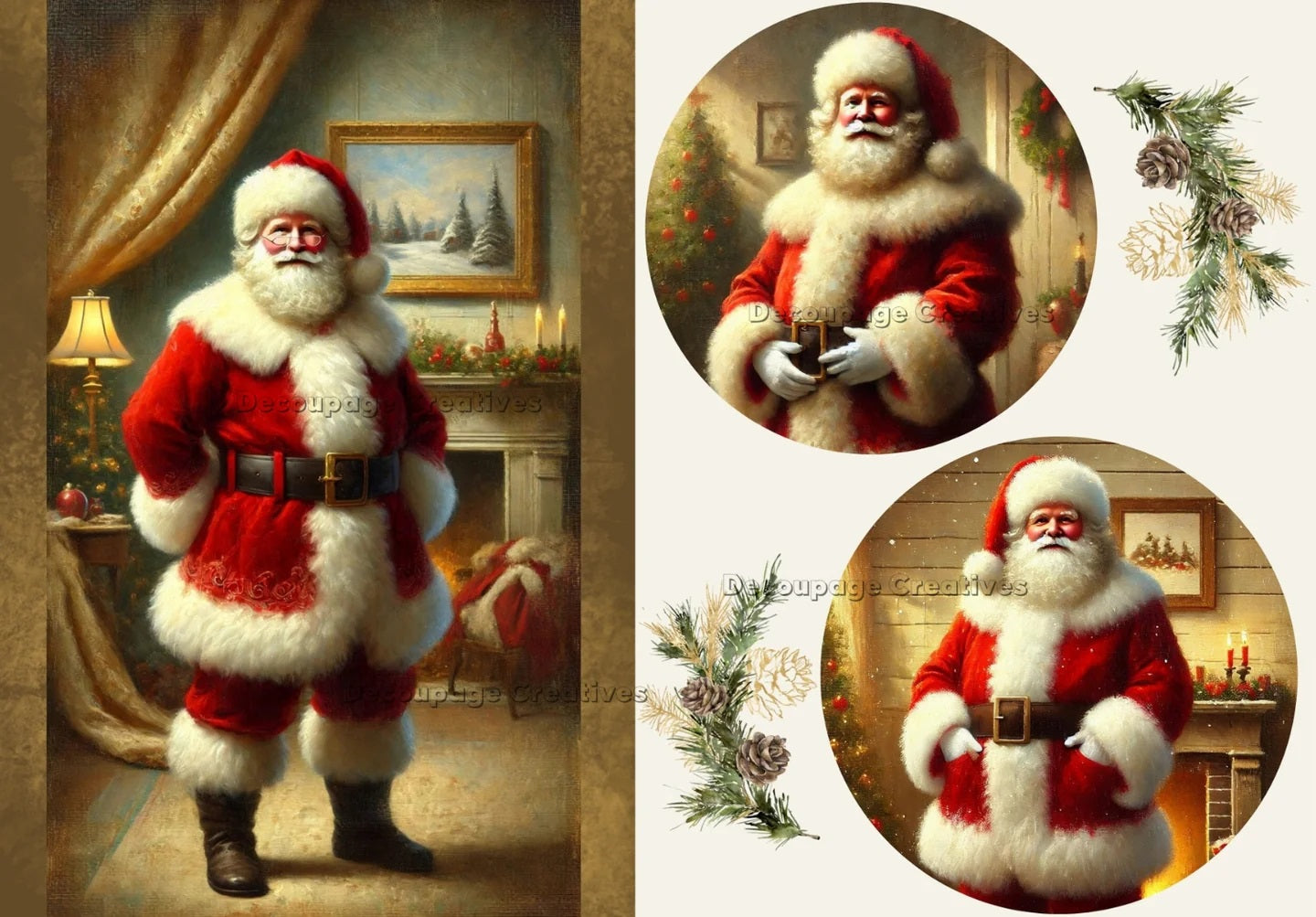 Decoupage Creatives, Rice Paper, Mixed Media, Santa Portraits, Rounds, Square, Garland, Multi, Christmas, A4 8.27 X 11.69, DPD647