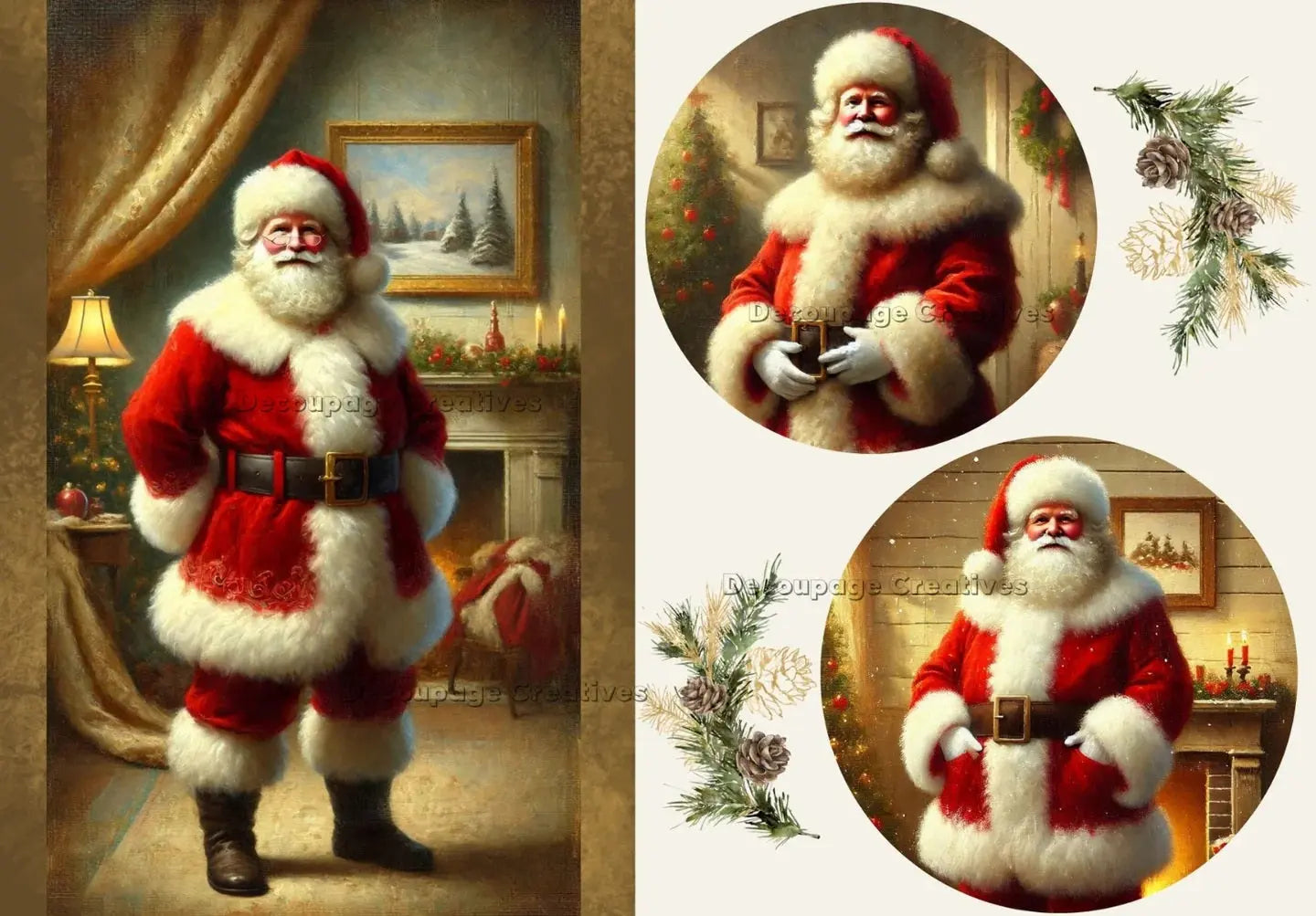 Decoupage Creatives, Rice Paper, Mixed Media, Santa Portraits, Rounds, Square, Garland, Multi, Christmas, A4 8.27 X 11.69, DPD647 Decoupage Creatives