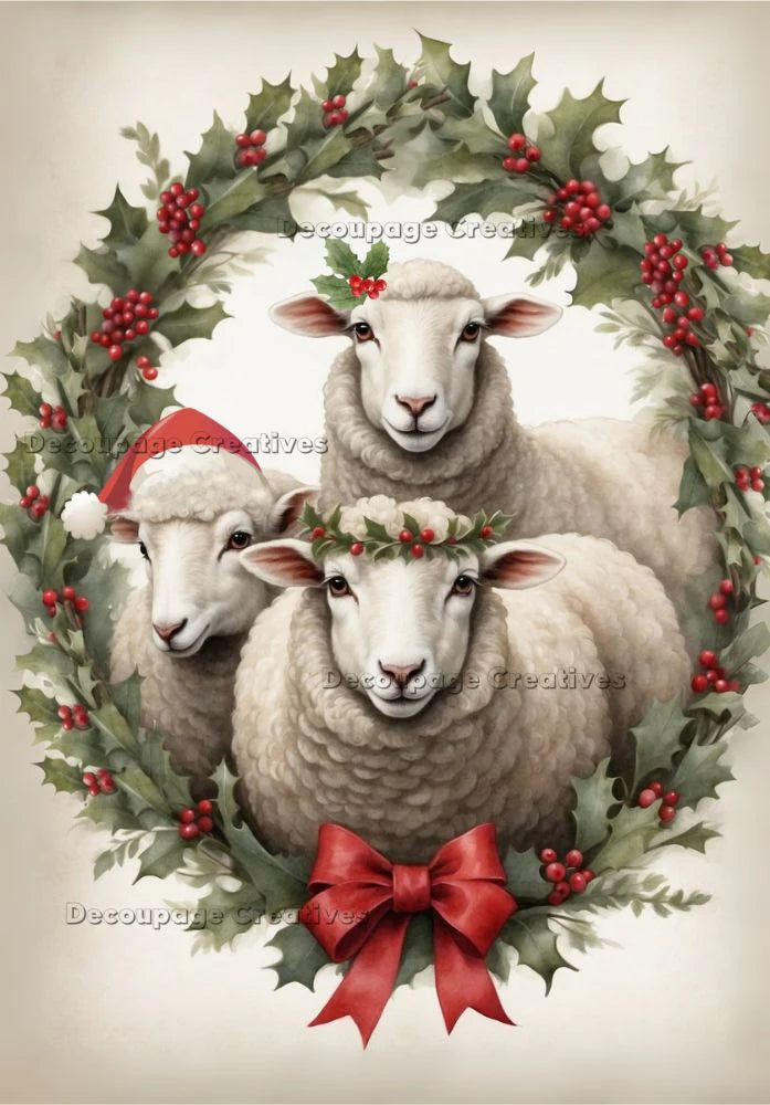 Decoupage Creatives Rice Paper, Mixed Media, Christmas Holiday Sheep with a Holly Wreath, A4 8.27 X 11.69