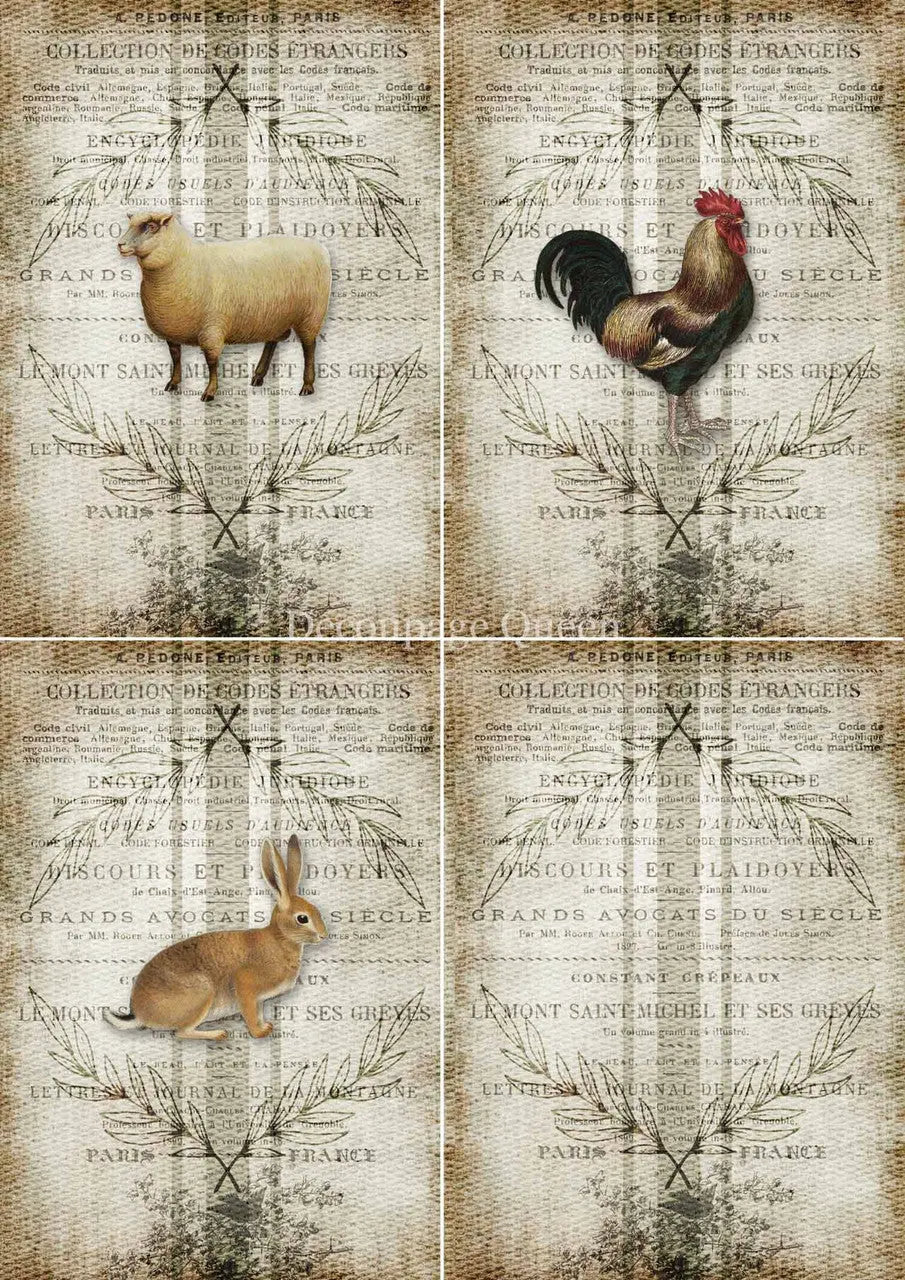 Decoupage Queen, Rice Paper, Grain Sack, 4 pack, Country Style, Rooster, Bunny, Sheep, DQRP 0331, A4 8.3" X 11.7", Decoupage, Mixed Media Decoupage Queen