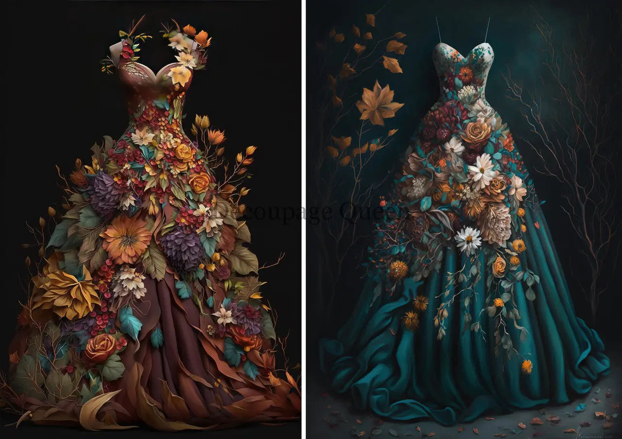 Decoupage Queen, Rice Paper, Autumn Gowns, Floral Dresses, Embellished, Flowers, Dresses, 0482, A4 8.3" X 11.7" Decoupage Queen