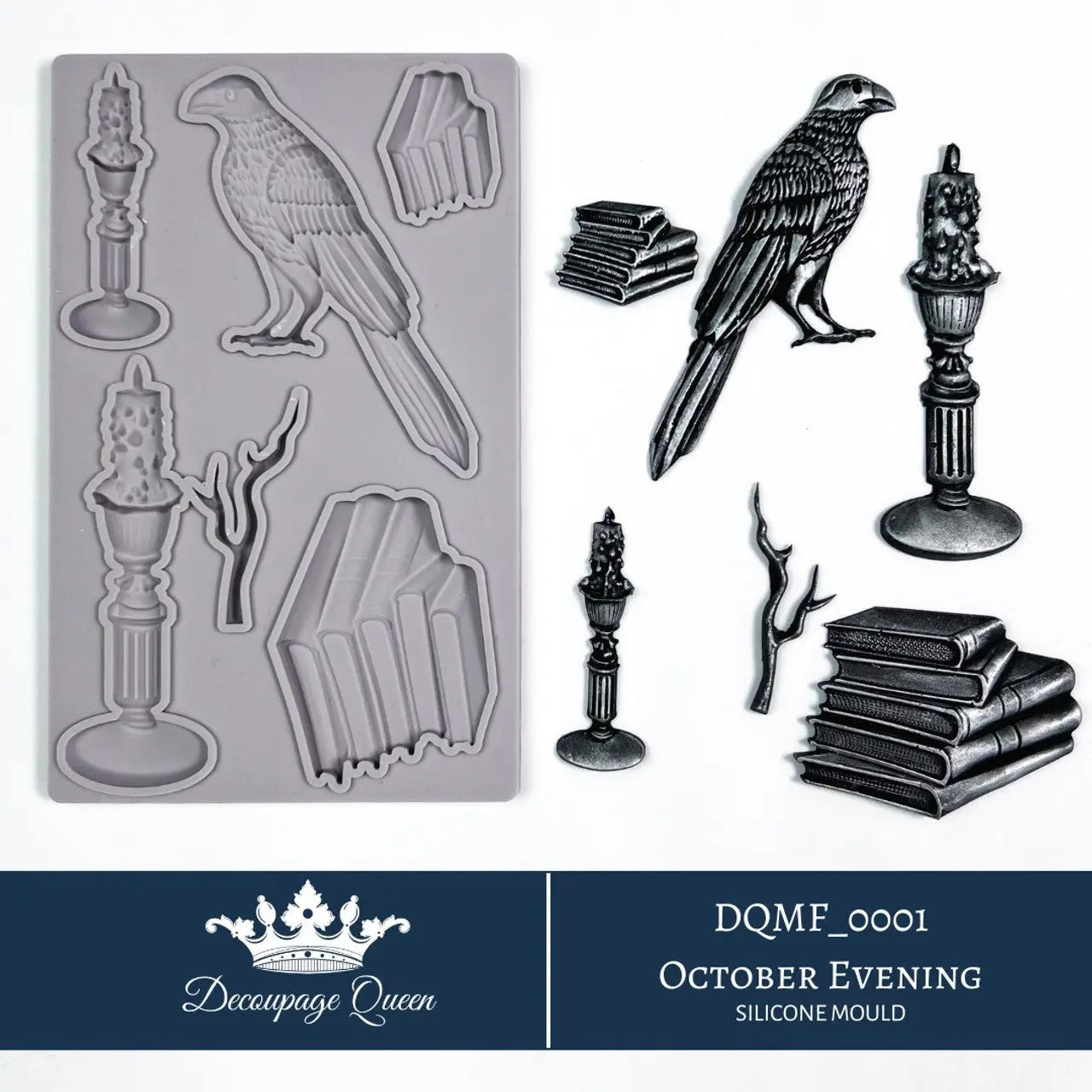 Decoupage Queen, October Evening, Silicone Mould, Limited Edition, Raven and Books, Food Safe, Silicone Mold, Fall 2024 Release Decoupage Queen