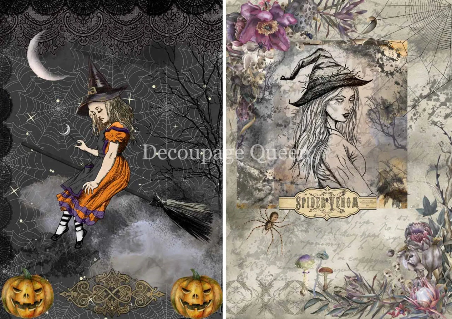 Decoupage Queen, Forest Lore, Two Witches, Halloween, Pumpkins, DQRP_0303, A4 8.3" X 11.7", Rice Paper, Decoupage, Mixed Media Decoupage Queen