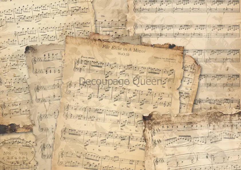 Decoupage Queen, Rice Paper, 2024 Fall Release, Antique, Music, Sheets, Vintage Style, Flur Elise, A4 8.3" X 11.7", DQRP-0608 Decoupage Queen