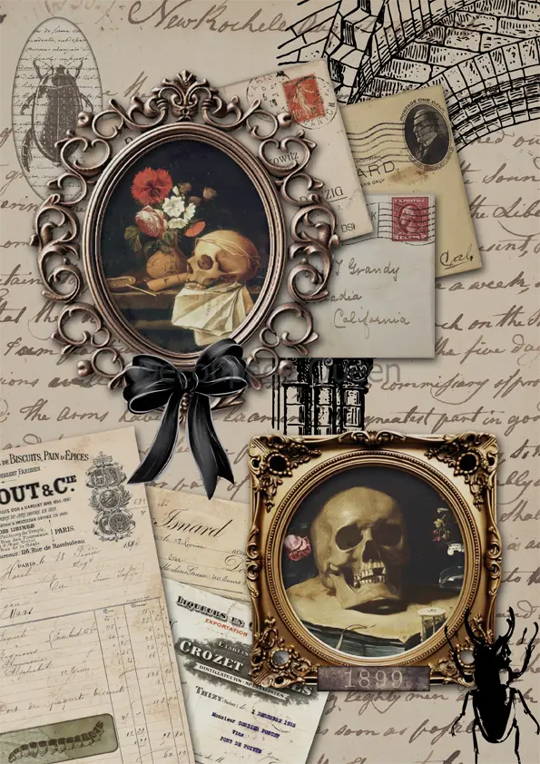 Decoupage Queen, Rice Paper, 2024 Fall Release, Vintage, Gothic, Skull, Ephemera, Antique Papers, Spider, Halloween, A4 8.3"X11.7" DQRP0609 Decoupage Queen