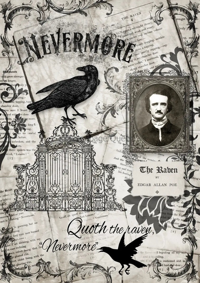 Decoupage Queen, Rice Paper, 2024 Fall Release, Vintage, Edgar Allan Poe, Nevermore, Raven, Halloween, A4 8.3" X 11.7", DQRP-0619 Decoupage Queen