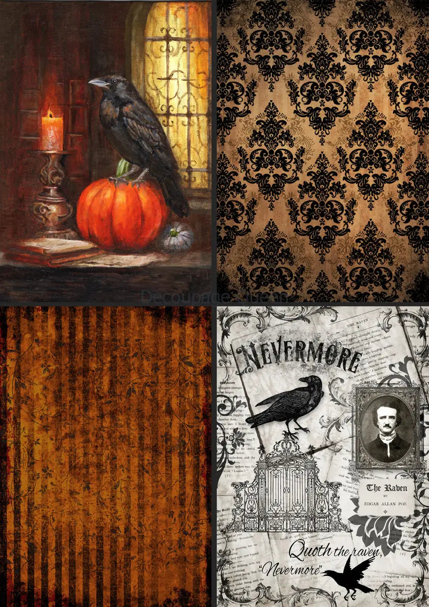 Decoupage Queen, Rice Paper, 2024 Fall Release, Vintage, Halloween, Gothic, Raven, Edgar Allen Poe, A4 8.3" X 11.7", DQRP-0622 Decoupage Queen