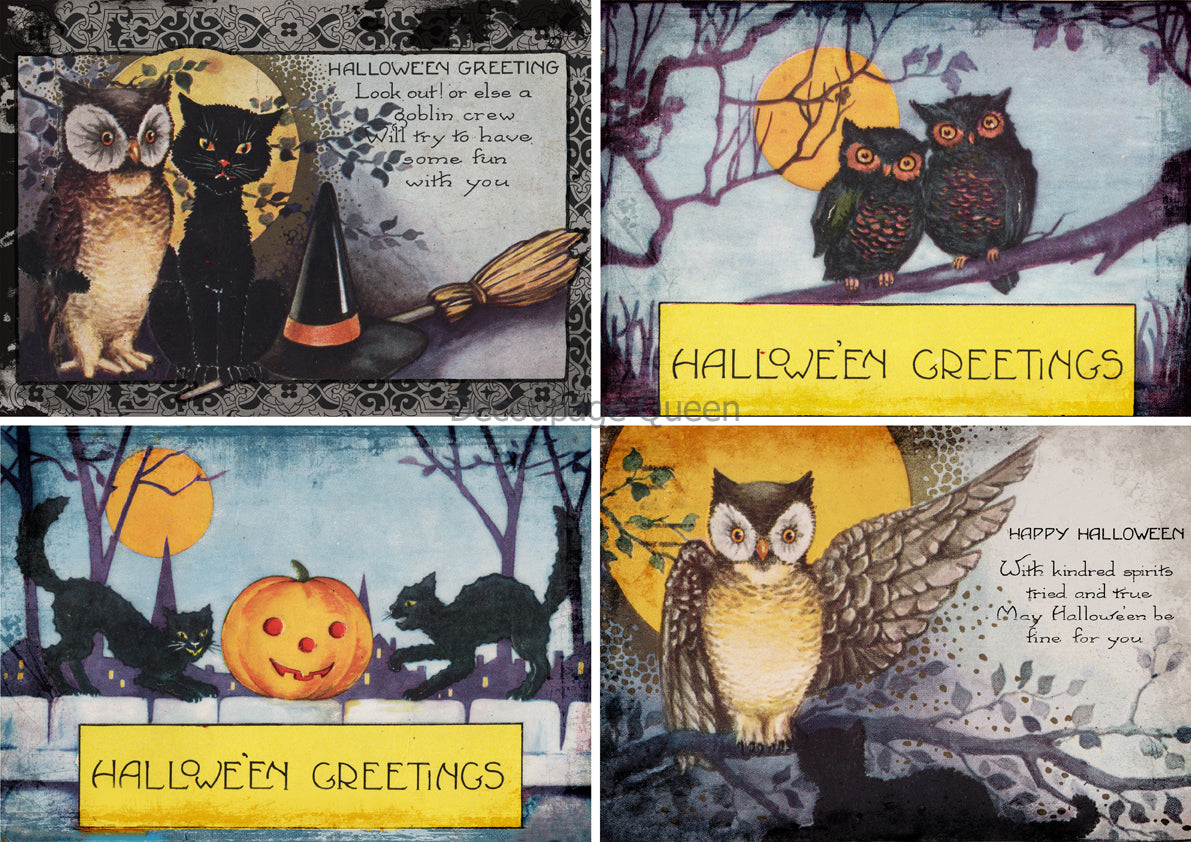 Decoupage Queen, Rice Paper, 2024 Fall Release, Vintage, Halloween, Cards, Owls, Black Cat, Pumpkin, A4 8.3" X 11.7", DQRP-0628