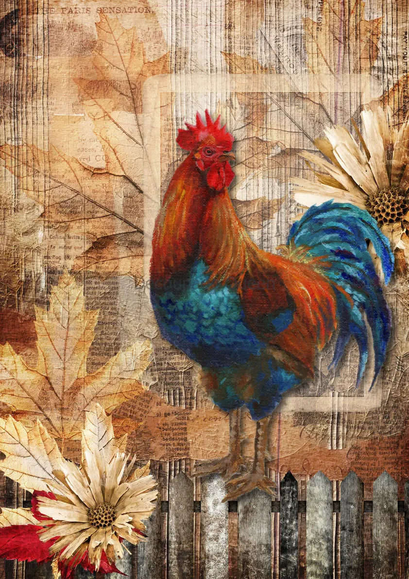 Decoupage Queen, Rice Paper, 2024 Fall Release, Teresa Rene Art, Rooster, Autumn, Fall, Country, A4 8.3" X 11.7", DQRP-0631 Decoupage Queen