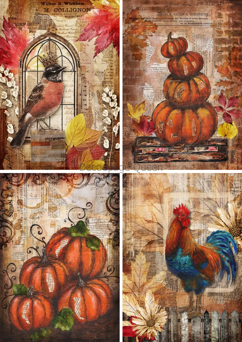 Decoupage Queen, Rice Paper, 2024 Fall Release, Teresa Rene Art, Pumpkins, Rooster, Crowned Bird, Mixed Media, A4 8.3" X 11.7" DQRP-0633 Decoupage Queen