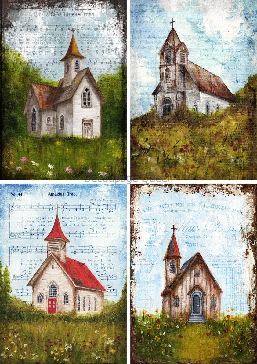 Decoupage Queen, Rice Paper, 2024 Fall Release, Teresa Rene Art, Country Churches, hand painted, A4 8.3" X 11.7", DQRP-0648 Decoupage Queen