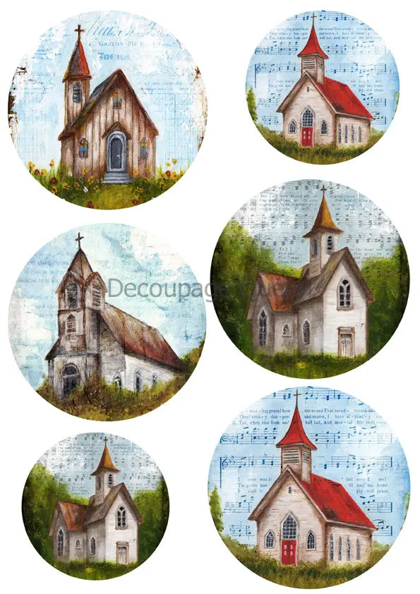 Decoupage Queen, Rice Paper, 2024 Fall Release, Teresa Rene Art, Churches, Country, Rounds, Ornaments, Mixed Media, A4 8.3" X 11.7" DQRP0649 Decoupage Queen