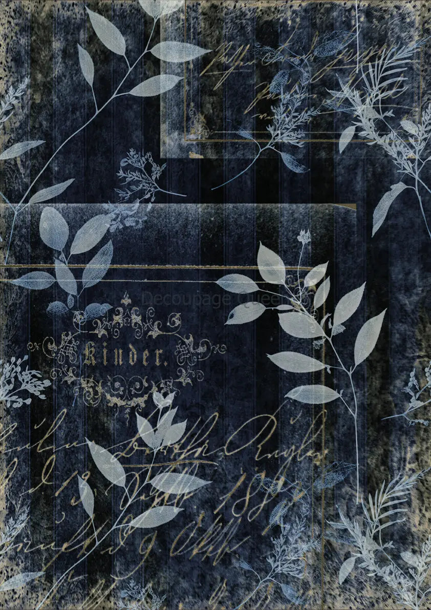 Decoupage Queen, Rice Paper, 2024 Fall Release, Indigo Botanicals ll, Blue, White flowers, Leaves, Wallpaper, A4 8.3" X 11.7", DQRP-0657 Decoupage Queen