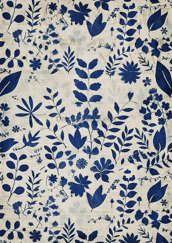 Decoupage Queen, Rice Paper, 2024 Fall Release, Indigo Botanicals IV, Blue, White flowers, Wallpaper, Background, A4 8.3" X 11.7", DQRP-0659 Decoupage Queen