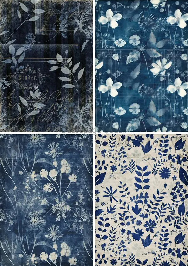 Decoupage Queen, Rice Paper, 2024 Fall Release, Indigo Botanicals, 4 pictures, Blue, White flowers, Wallpaper, A4 8.3" X 11.7", DQRP-0660 Decoupage Queen