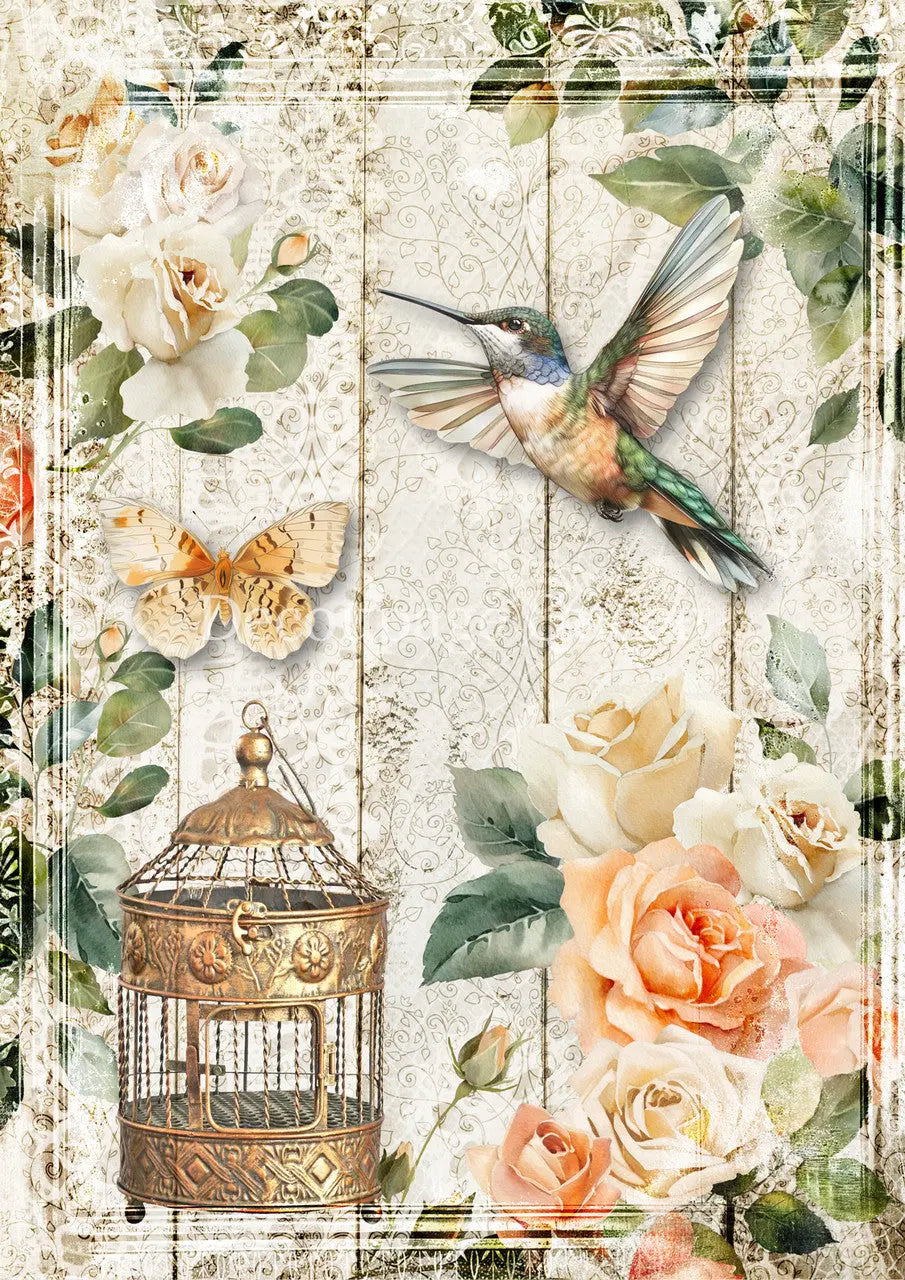 Decoupage Queen, Rice Paper, 2025 Spring, Shabby Chic, Humming Bird, Cage, Roses, Lace, Flowers, 0713, A4 8 X 11.7, Decoupage, Mixed Media Decoupage Queen