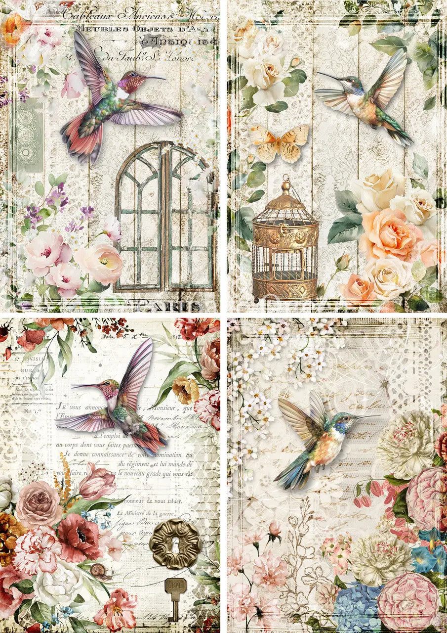 Decoupage Queen, Rice Paper, 2025 Spring, Shabby Chic, Humming Birds, Wallpaper, Squares, Flowers, 0716, A4 8 X 11.7, Decoupage, Mixed Media Decoupage Queen