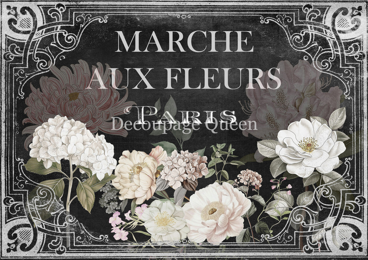 Decoupage Queen, Rice Paper, 2025 Spring, French, Sign, Marche Aux Fleurs, White Flowers, Black, 0717, A4 8.3 X 11.7, Decoupage, Mixed Media