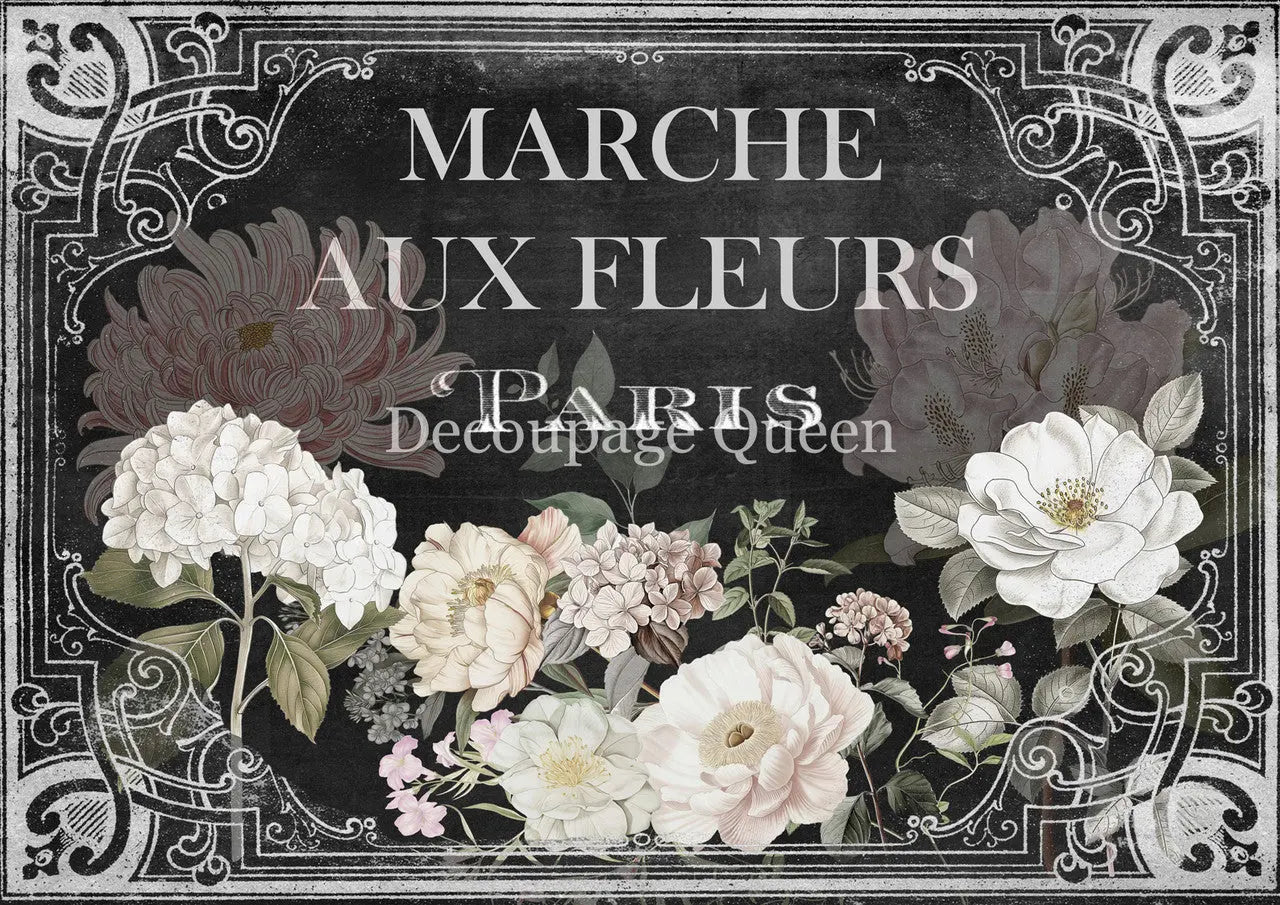 Decoupage Queen, Rice Paper, 2025 Spring, French, Sign, Marche Aux Fleurs, White Flowers, Black, 0717, A4 8.3 X 11.7, Decoupage, Mixed Media Decoupage Queen