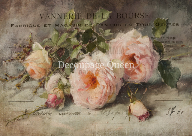 Decoupage Queen, Rice Paper, 2025 Spring Release, Vanessa, Pink Roses, Vintage Style, Shabby Chic, 0718, A4 8.3 X 11.7, Mixed Media