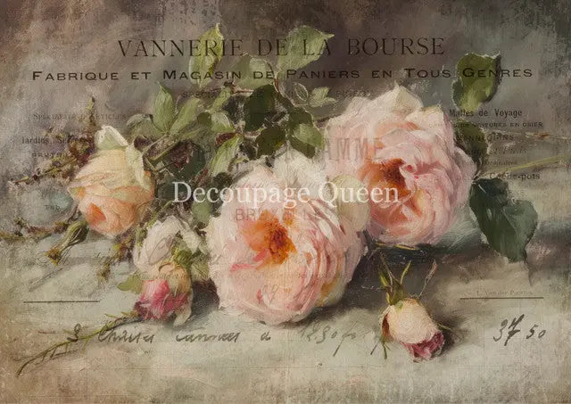 Decoupage Queen, Rice Paper, 2025 Spring Release, Vanessa, Pink Roses, Vintage Style, Shabby Chic, 0718, A4 8.3 X 11.7, Mixed Media Decoupage Queen