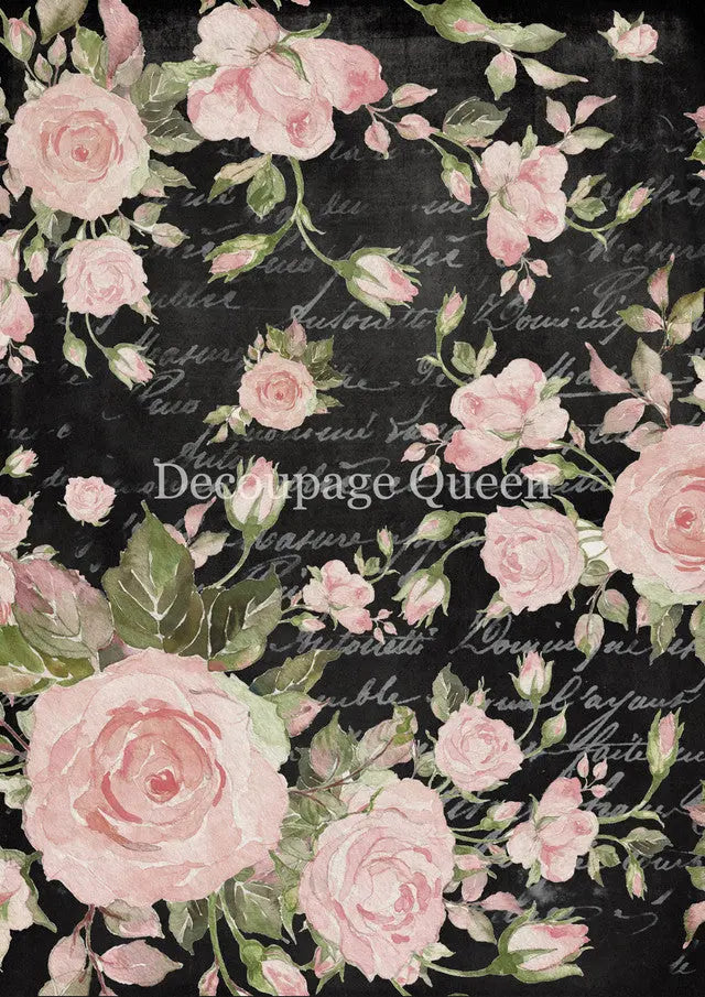 Decoupage Queen, Rice Paper, 2025 Spring Release, Market, Roses, Pink, Black, Wallpaper, 0719, A4 8.3 X 11.7, Decoupage, Mixed Media Decoupage Queen