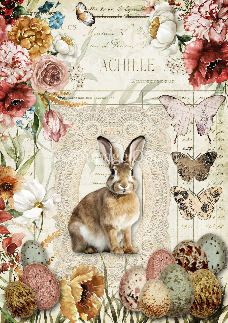 Decoupage Queen, Rice Paper, 2025 Spring, Vintage, Shabby, Easter, Wishes, Eggs, Pink Roses, Flowers, Bunnies, 0726 A4 8 X 11.7, Mixed Media Decoupage Queen