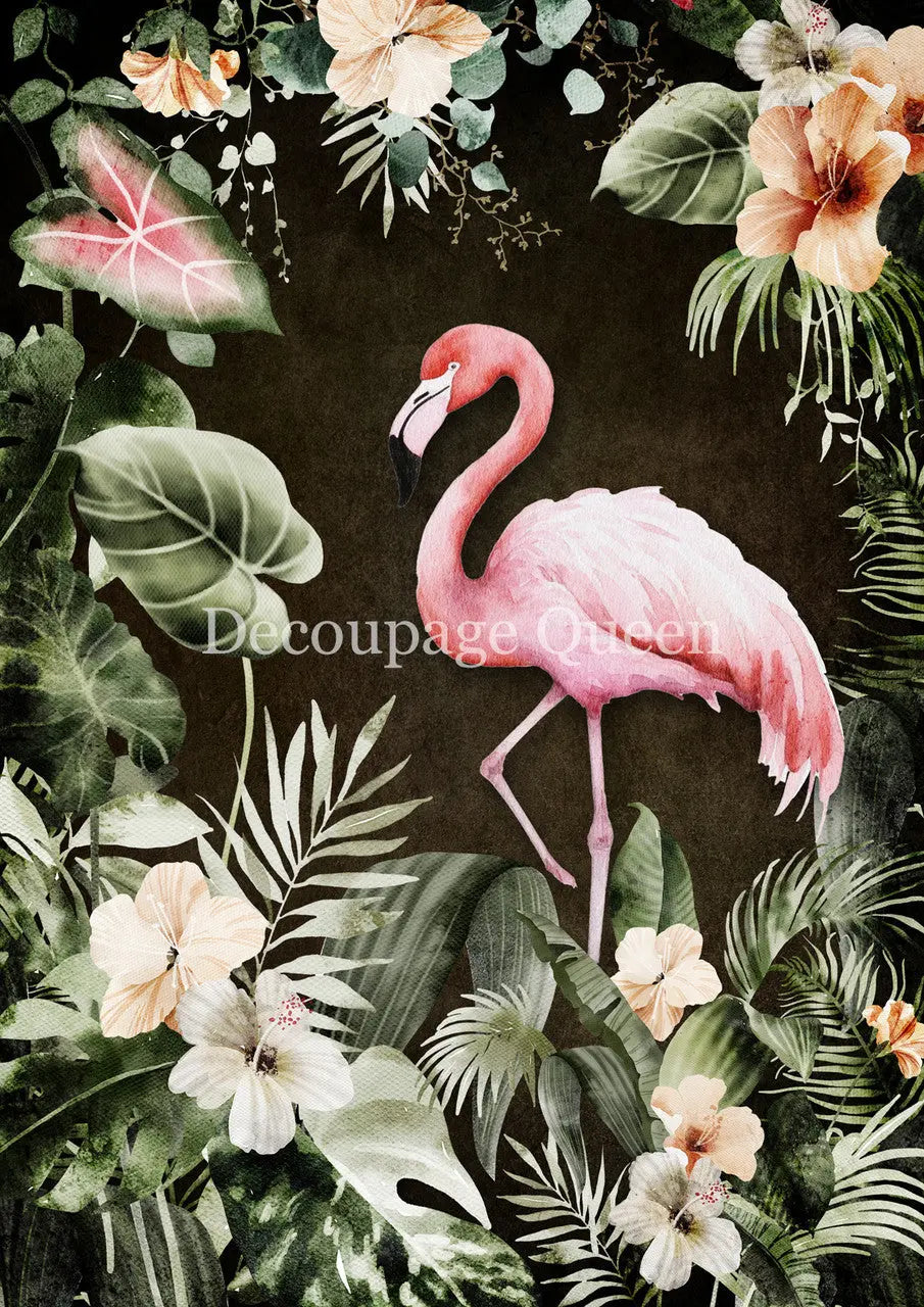 Decoupage Queen, Rice Paper, 2025 Spring, Tropical, Flamingo, Foliage, Floral, Flowers, 0733, A4 8.3 X 11.7, Decoupage, Mixed Media Decoupage Queen