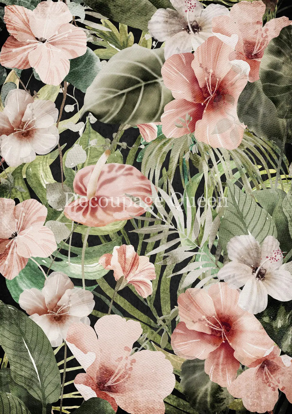 Decoupage Queen, Rice Paper, 2025 Spring, Tropical, Hibiscus, Pink, Flowers, Background, 0734, A4 8.3 X 11.7, Decoupage, Mixed Media Decoupage Queen