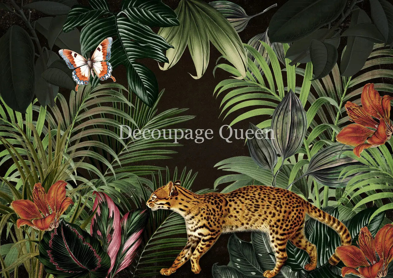 Decoupage Queen, Rice Paper, 2025 Spring, Wild Cat, Jungle, Tiger, Foliage, Butterfly, Flowers, 0735, A4 8.3 X 11.7, Decoupage, Mixed Media Decoupage Queen