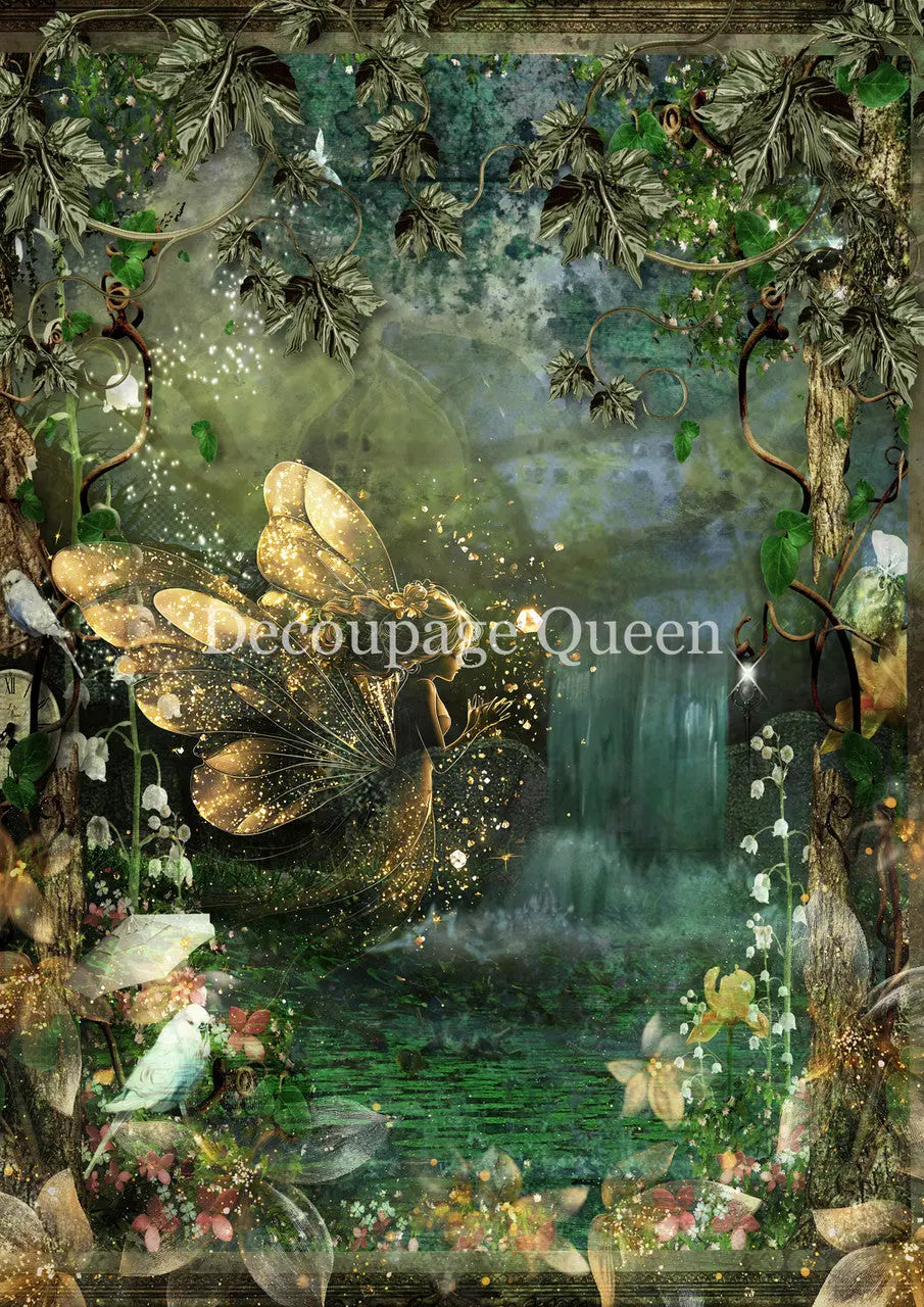 Decoupage Queen, Rice Paper, 2025 Spring Release, In the Glade, Green, Fantasy, Fairy, 0739, A4 8.3 X 11.7, Decoupage, Mixed Media Decoupage Queen