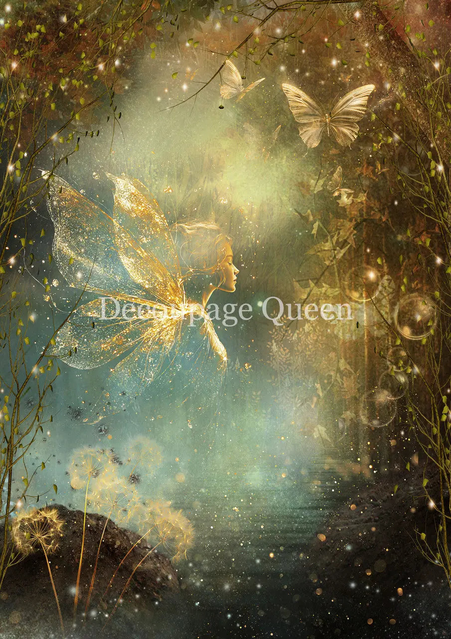 Decoupage Queen, Rice Paper, 2025 Spring, Dandelion, Green, Fantasy, Enchanted, Fairy, Wallpaper, Background, 0740, A4 8 X 11.7, Mixed Media Decoupage Queen