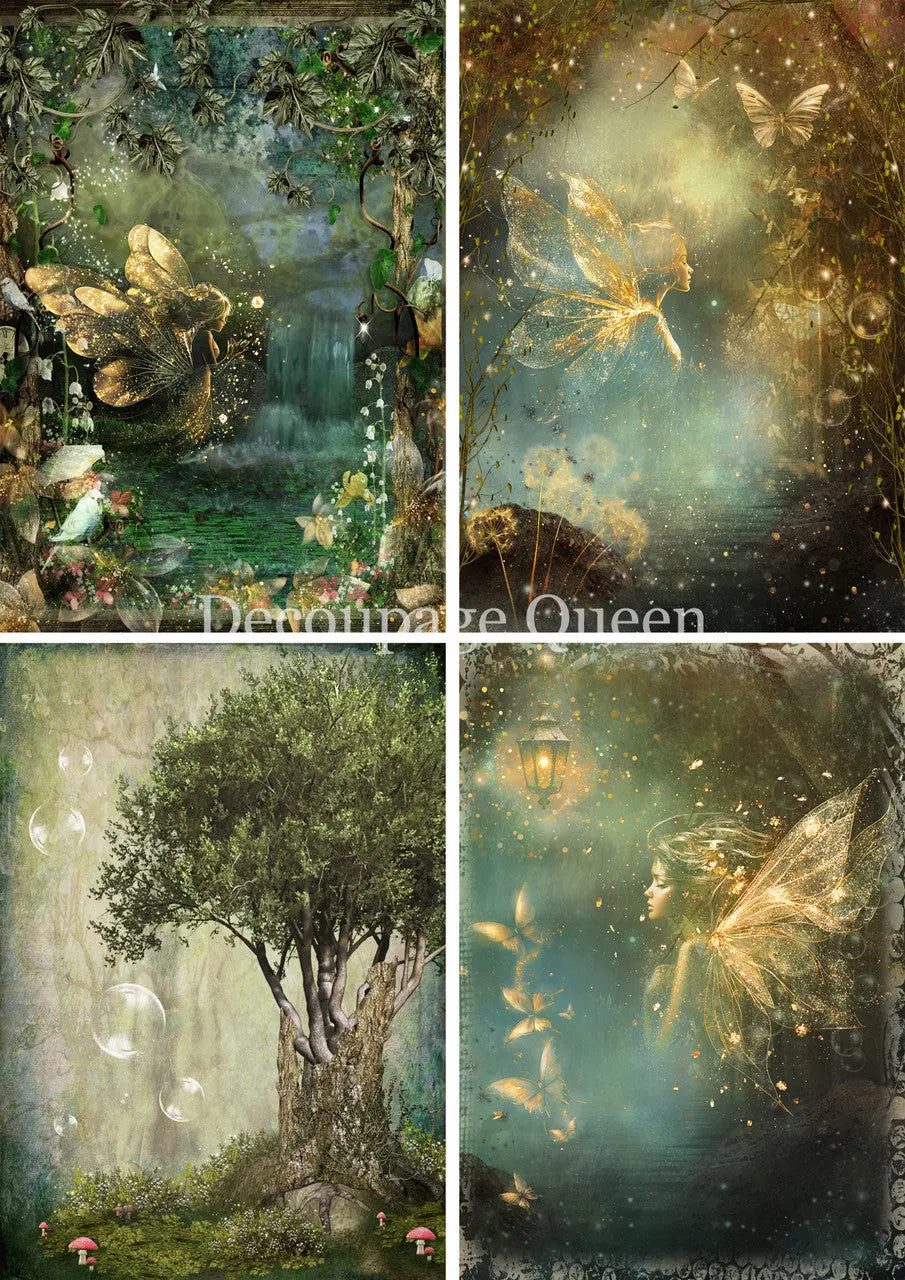 Decoupage Queen, Rice Paper, 2025 Spring, Enchanted, Green, Gold, Fantasy, Fairy, Tree, Squares, Fantasyland, 0742, A4 8 X 11.7, Mixed Media Decoupage Queen