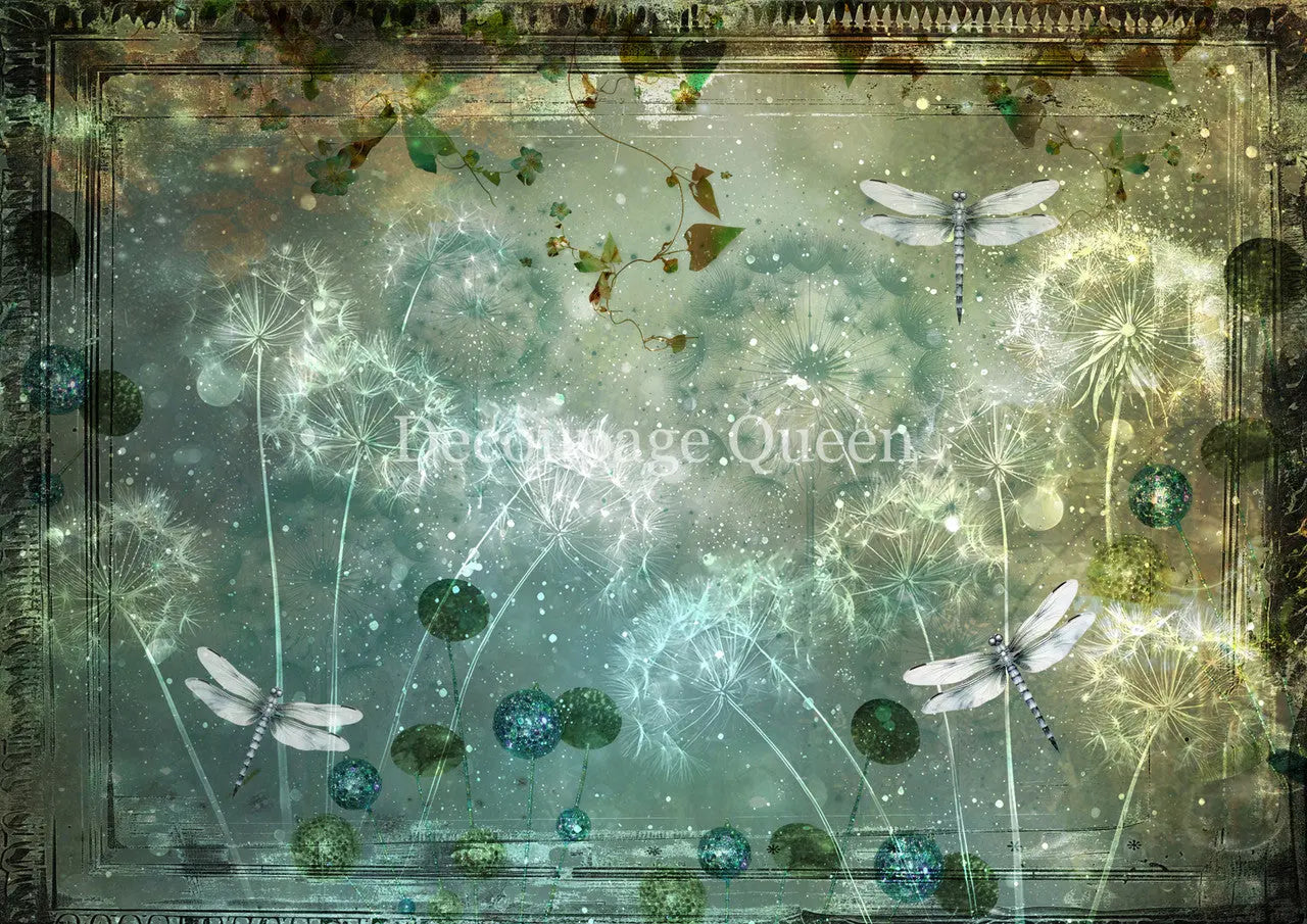 Decoupage Queen, Rice Paper, 2025 Spring, Dandelion, Green, Fantasy, Fire Flies, Wallpaper, Background, 0744, A4 8 X 11.7, Mixed Media Decoupage Queen
