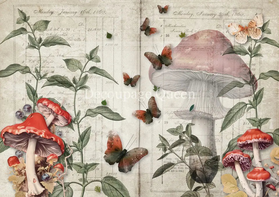 Decoupage Queen, Rice Paper, 2025 Spring, Mushroom Fantasy, Mushrooms, Wallpaper, Background, 0745, A4 8.3 X 11.7, Decoupage, Mixed Media Decoupage Queen