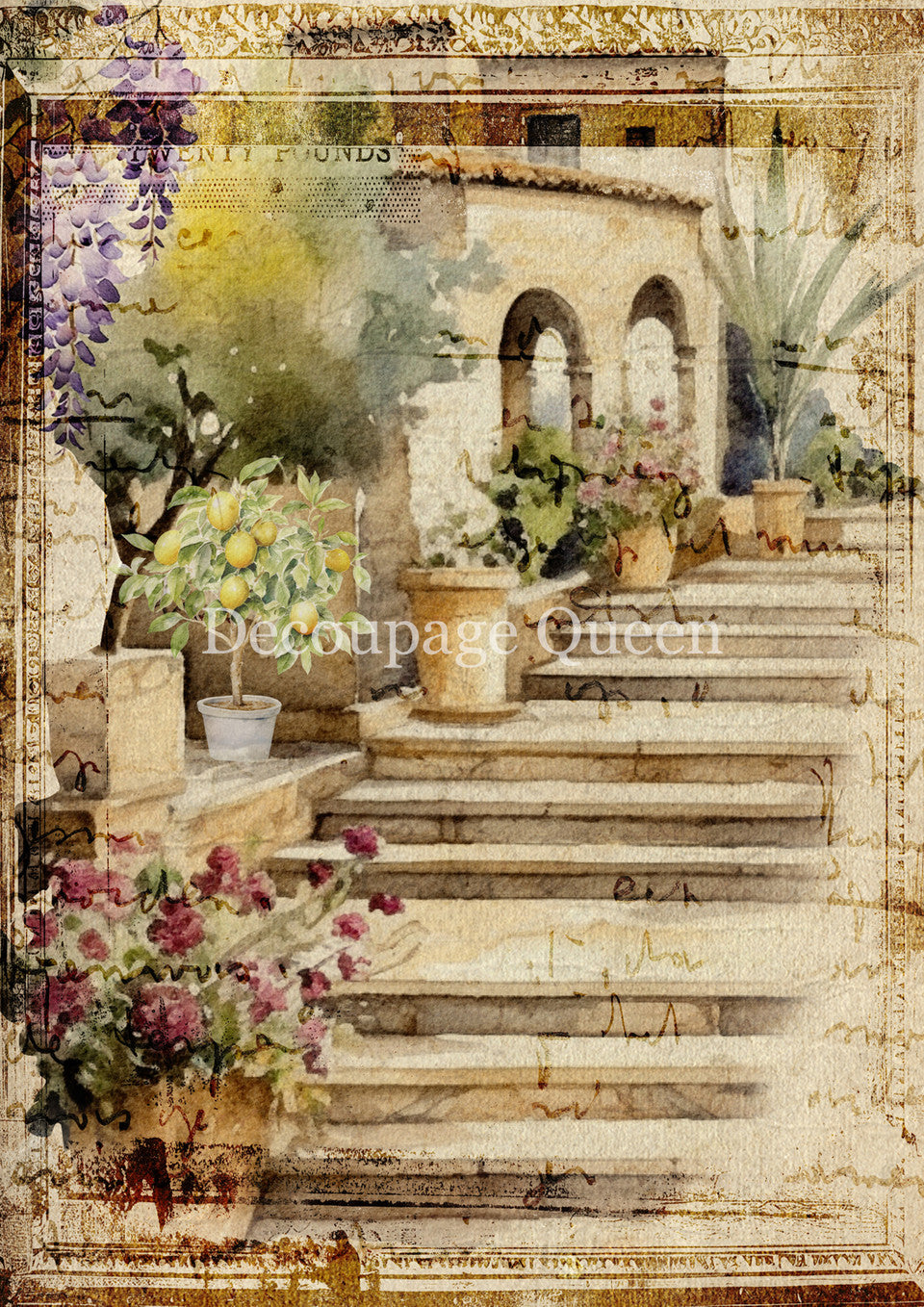 Decoupage Queen, Rice Paper, 2025 Spring, Villa Steps, Tuscan, Tuscany, Italy, Europe, 0746, A4 8.3 X 11.7, Decoupage, Mixed Media