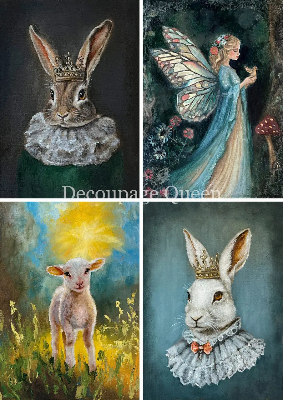 Decoupage Queen, Rice Paper, 2025 Spring, Teresa Rene Art, Hand painted, Bunny Portrait, Easter, Fairy, 0757, A4 8.3 X 11.7, Mixed Media Decoupage Queen