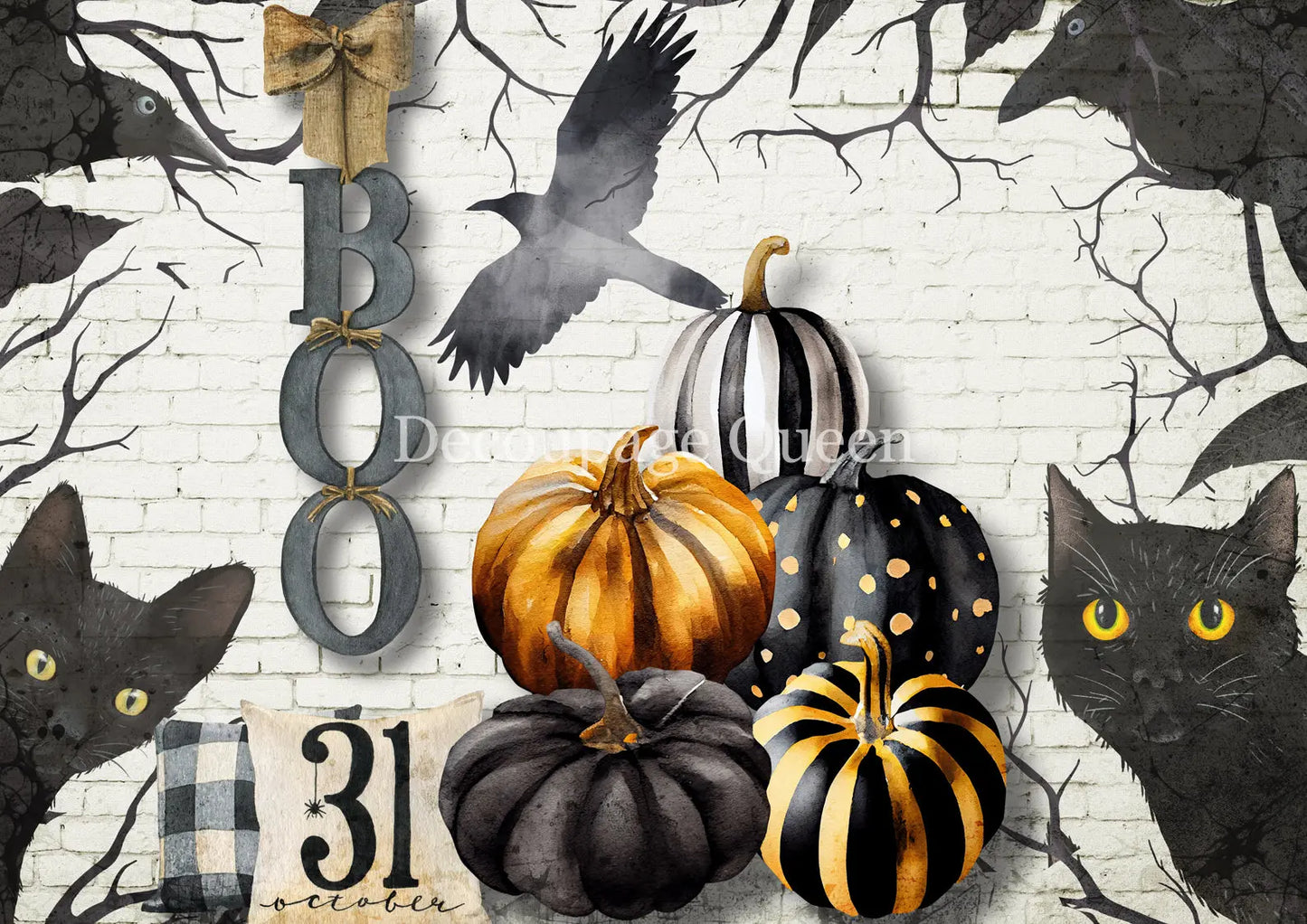 Decoupage Queen, Rice Paper, Halloween, Pumpkins, Black Cats, Boo, 2025 Fall Release, 0786, A4, 8.3" X 11.7" Decoupage Queen