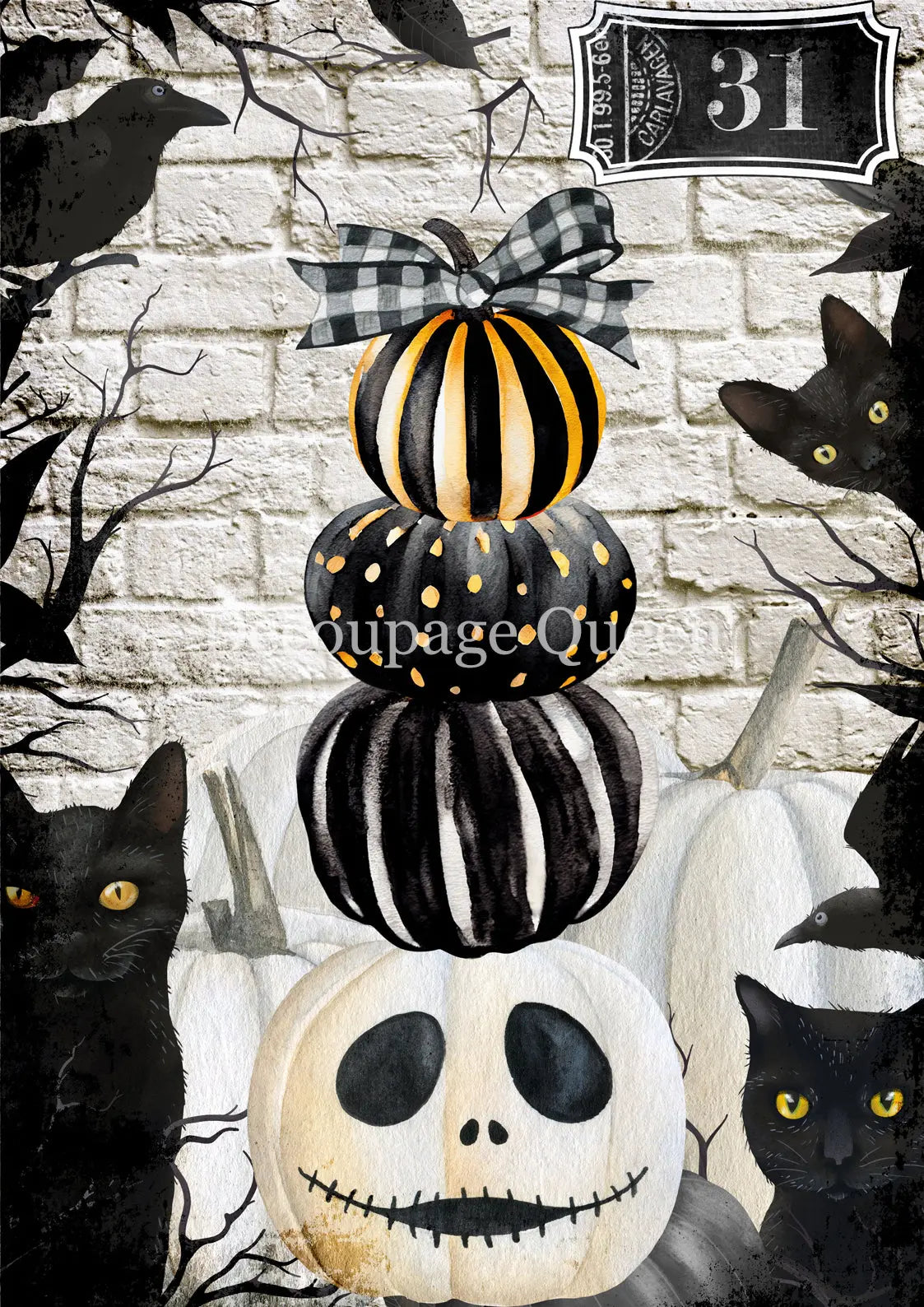 Decoupage Queen, Rice Paper, Halloween, Pumpkins, Black Cats, Skull, Crow, 2025 Fall Release, 0787, A4, 8.3" X 11.7" Decoupage Queen