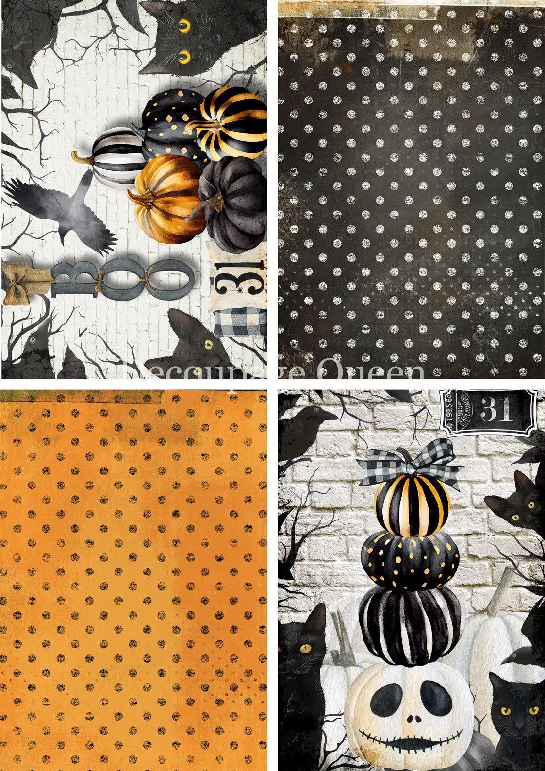 Decoupage Queen, Rice Paper, Halloween, Pumpkins, Skull, Polka Dots Background, Black Cats, Squares, 2025 Fall Release, 0790, A4, 8 X 11.7 Decoupage Queen