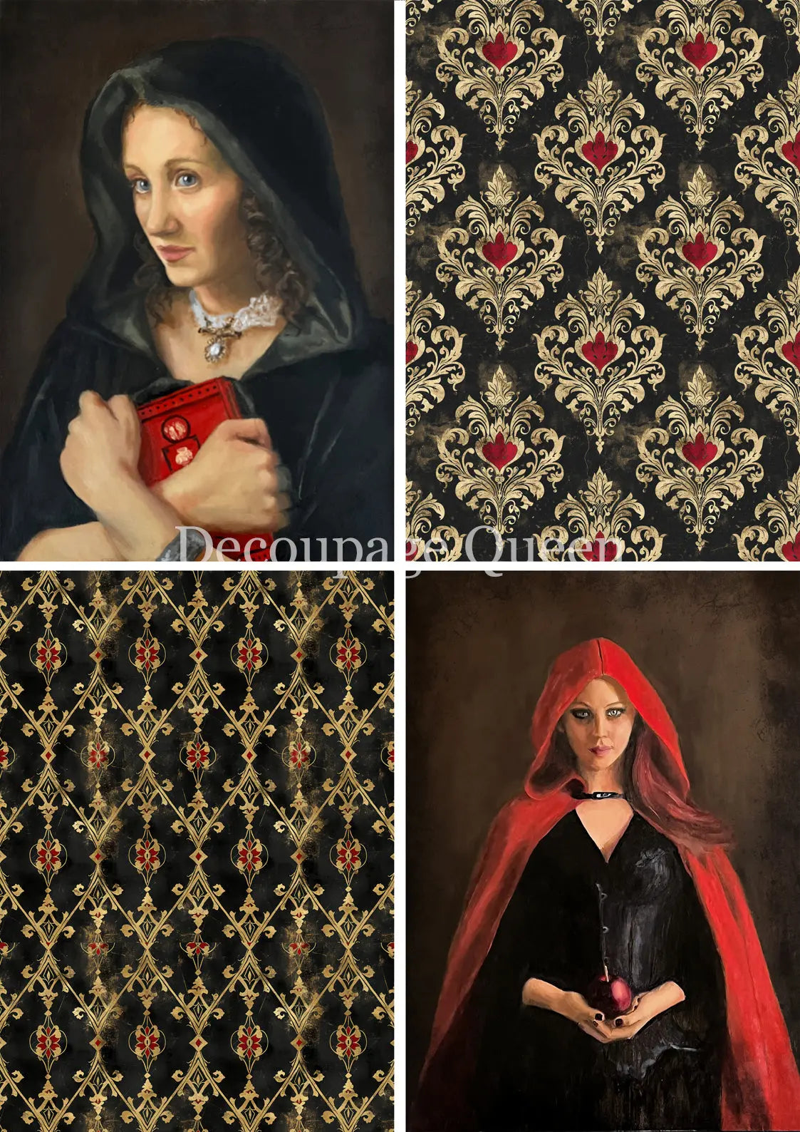 Decoupage Queen, Rice Paper, Black, Gold, Red, Grunge, Gothic, Teresa Rene Art, Women, Wallpaper, 2025 Fall Release, 0818, A4, 8.3" X 11.7" Decoupage Queen