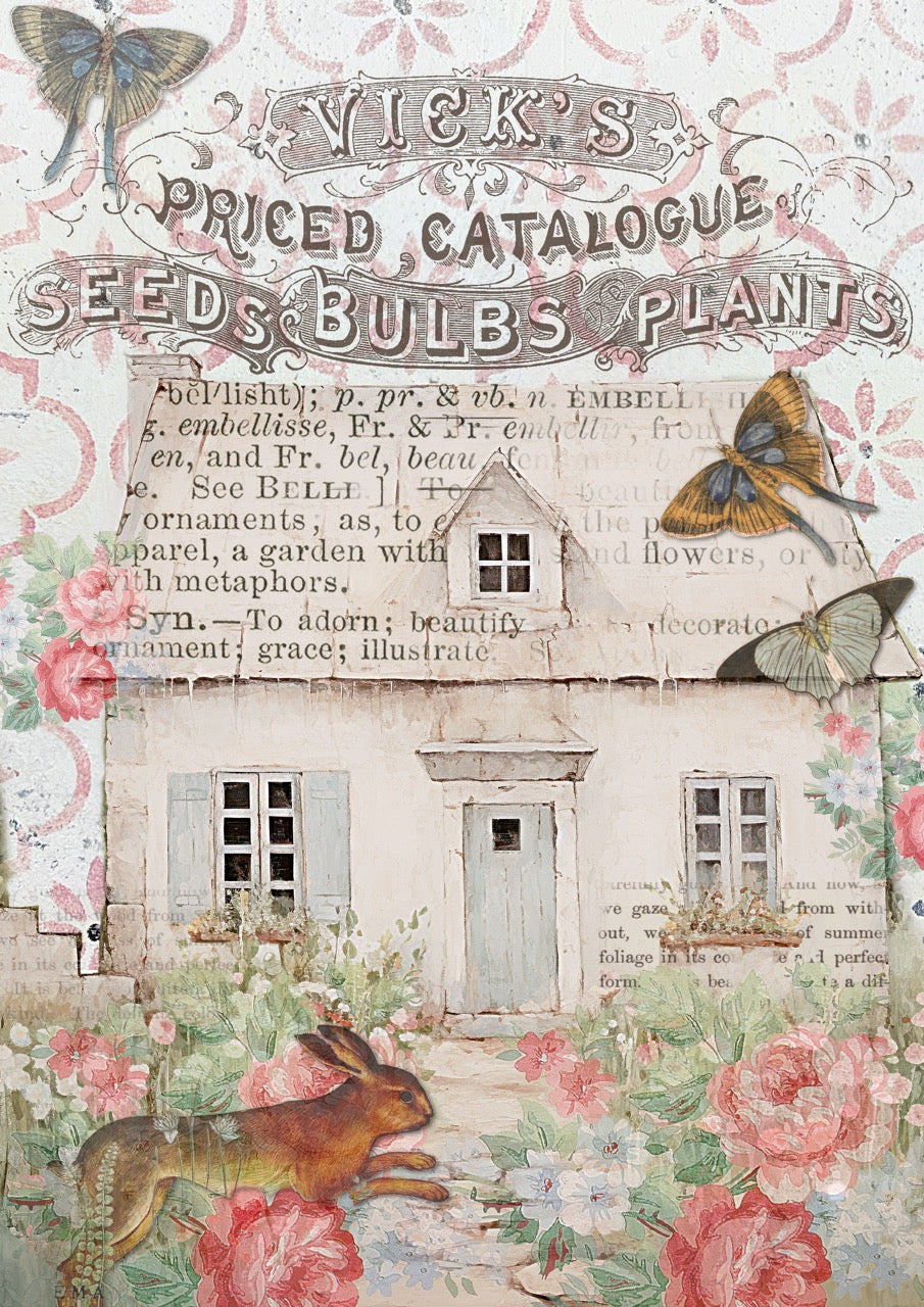 Decoupage Queen Rice Paper, Ellen J Goods, Cottages, Rabbit in the Garden, Shabby Chic, Vintage Style, A4, 8.3" X 11.7"