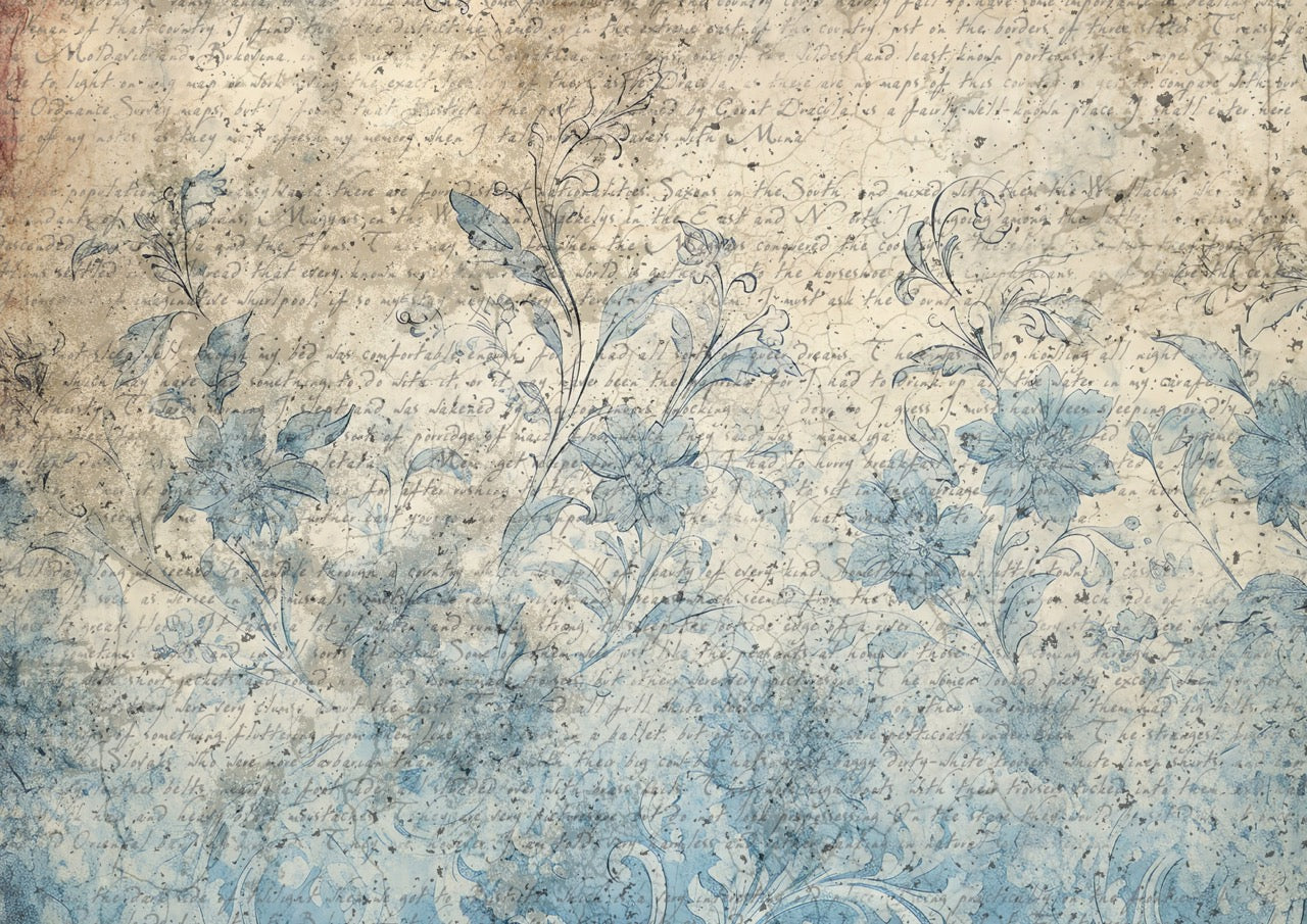 Decoupage Queen Rice Paper, Vintage Style Handwriting, Blue Floral Background, by Iveta, A4 8.3" x 11.7"