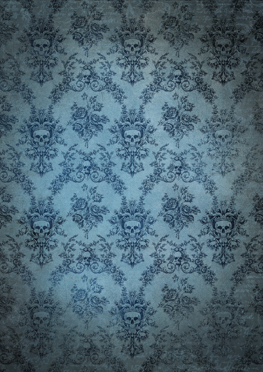 Decoupage Queen Rice Paper, Gothic Skull Blue Toile Background, by Olga, Dark Mirror Frame, Mixed Media, DIY Crafts, A4, A3 sizes