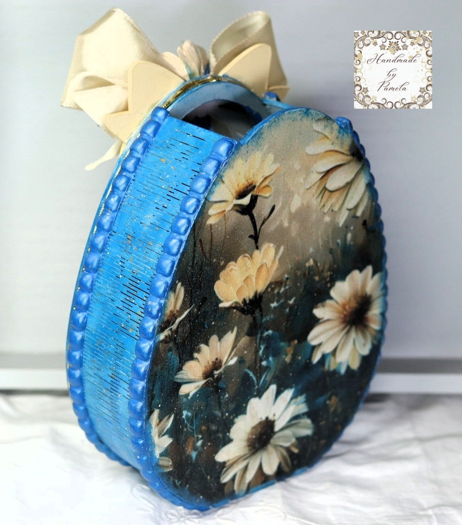 Handcrafted by Pamela, Decoupage, Mixed Media, Laser Cut MDF, Blue Easter Egg Box with Yellow Daisies