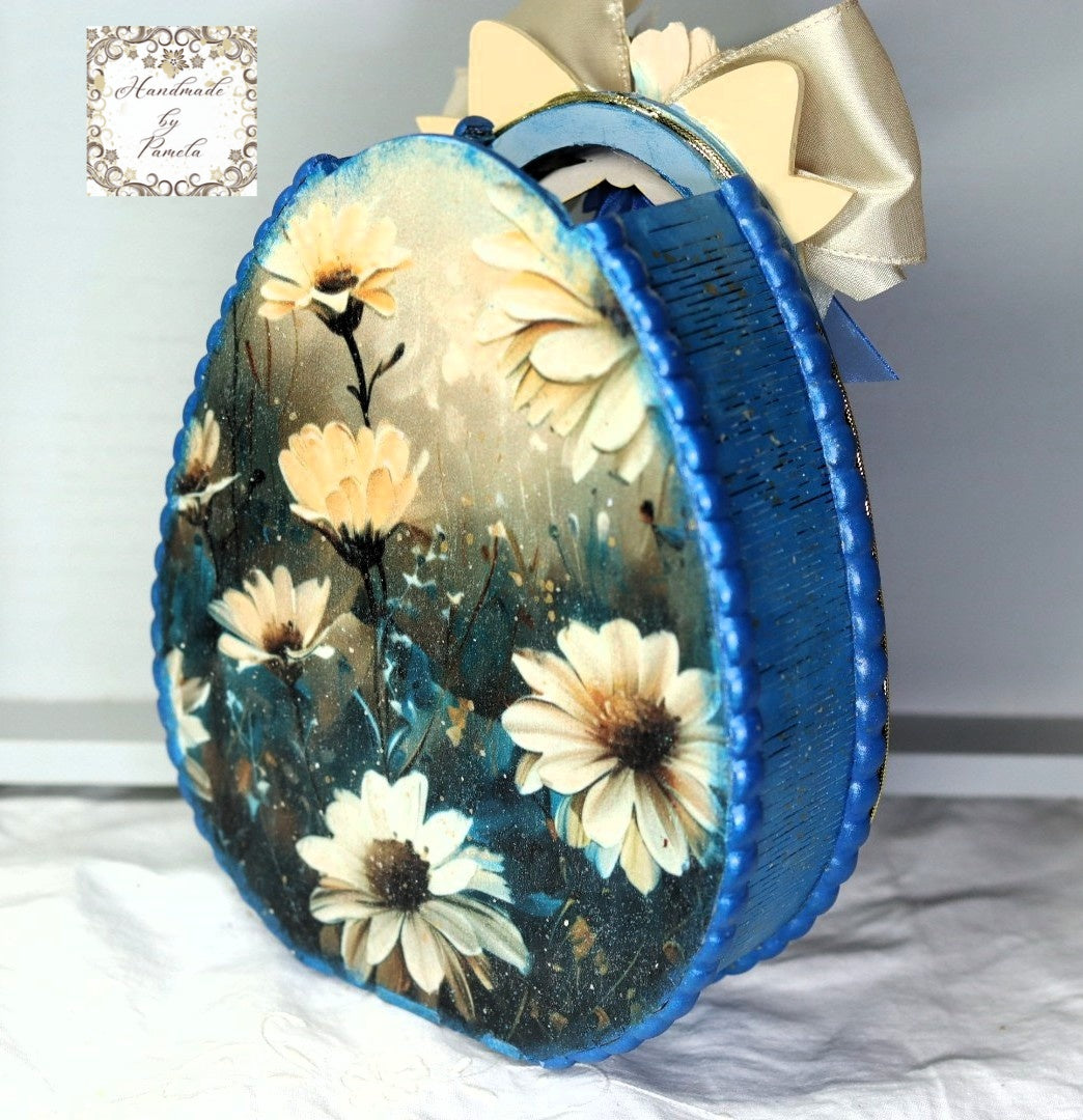Handcrafted by Pamela, Decoupage, Mixed Media, Laser Cut MDF, Blue Easter Egg Box with Yellow Daisies