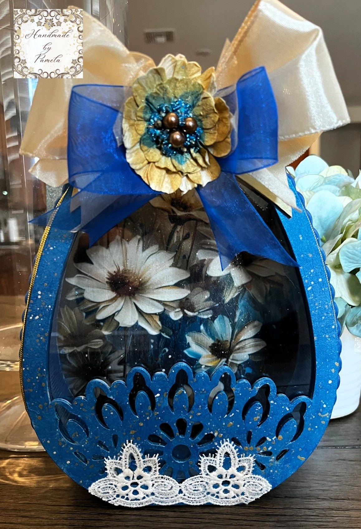 Handcrafted by Pamela, Decoupage, Mixed Media, Laser Cut MDF, Blue Easter Egg Box with Yellow Daisies