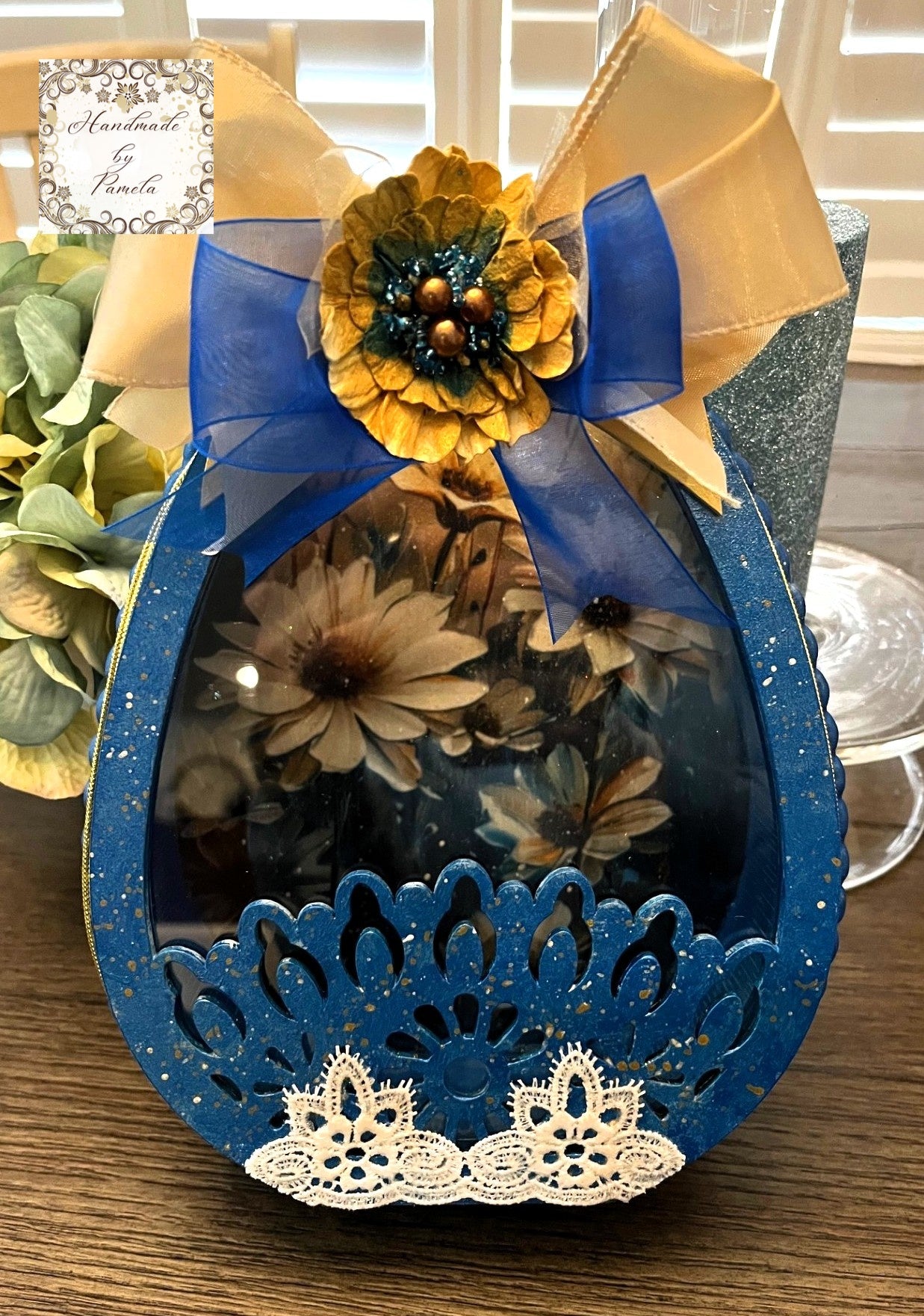 Handcrafted by Pamela, Decoupage, Mixed Media, Laser Cut MDF, Blue Easter Egg Box with Yellow Daisies