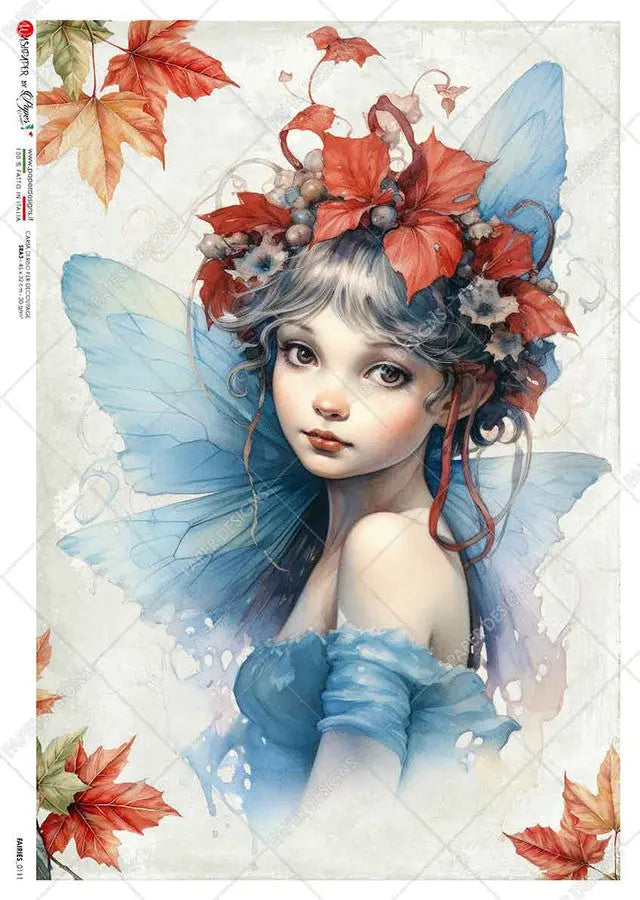 Paper Designs, Rice Paper, 2024 Release, Blue, Fairy, Autumn Leaves, Shabby Chic, Fantasy, Decoupage, Mixed Media, 0111, A4 8.3" X 11.7" Paper Designs